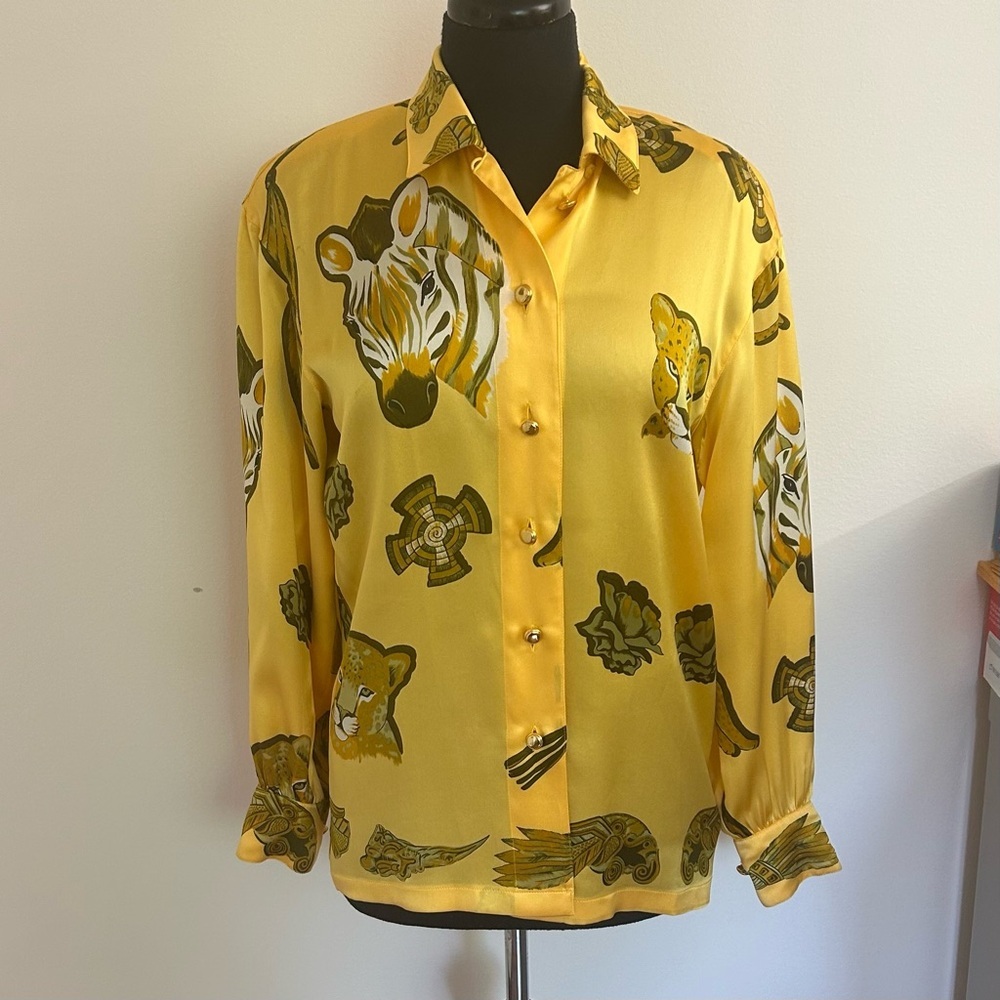 Vintage Escada Margarthe Ley Lion Leopard Jungle Safari Silk Blouse Size 34